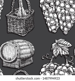 Seamless background wine barrel grapes bottle glass on dark background. The design of the packaging wrapper. Vector illustration eps 10