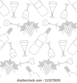 seamless background with wine bottle, bowls and grape