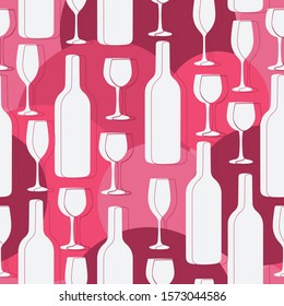 Seamless background with wine bottles and glasses. Winery bright colors pattern 