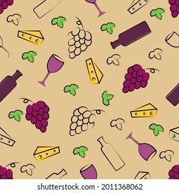Seamless background with wine bottles and glasses. Bright colors wine pattern for web, posters, textiles, print and other designs