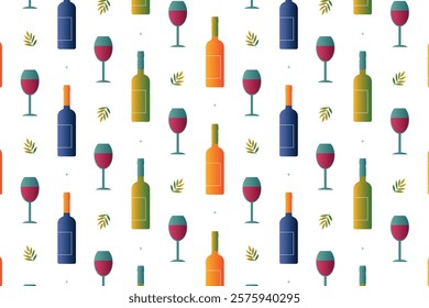 Seamless background with wine bottles and glasses. Vector illustration.