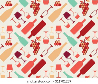 Seamless background with wine bottles and glasses silhouettes