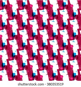 Seamless background with wine bottles and glasses. Bright colors wine pattern for web, poster, textile, print and other design