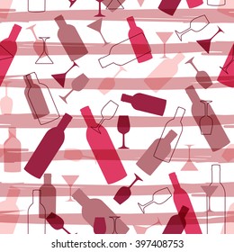 Seamless background with wine bottles and glasses on striped background. Bright colors wine pattern for web, poster, textile, print and other design. Red wine design