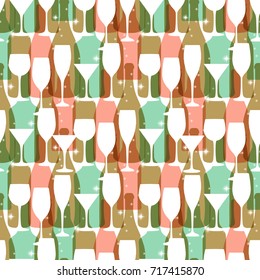 Seamless background with wine bottles and glasses. Pastel colors wine pattern for web, poster, textile, print and other design. Red wine design