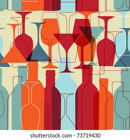 Seamless background with wine bottles and glasses. Bright colors pattern for web, poster, textile, print and other design