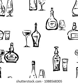 Seamless background of the wine glasses and bottles 