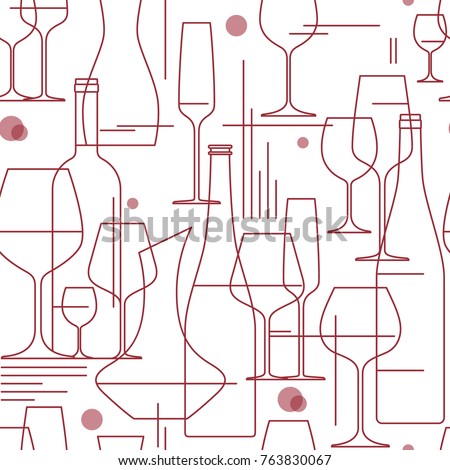 Seamless background with wine glasses and bottles. Design element for tasting, menu, wine list, winery, shop. Line style. Vector illustration.