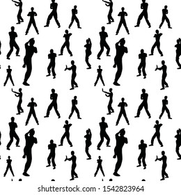 seamless background, wing chun. Black and white concept of martial art. Silhouettes of fighters