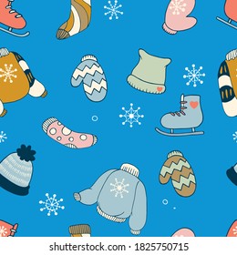 Seamless background of winter accessories. Sweaters, skates, mittens, hats, socks. Bright color. Doodle. Hand drawn