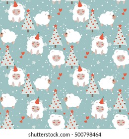 seamless background for winter holidays, party sheeps and christmas trees, vector illustration