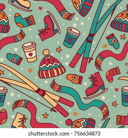 seamless background for winter leisure, games and sports, vector illustration