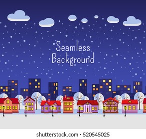 Seamless background. Winter night. Flat style vector illustration of Christmas city. New year and Xmas Holidays design. 