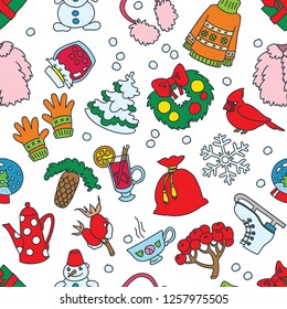 The seamless background of winter objects: snowman, christmas tree, snowflake, sweater, etc. on white. Hand drawn illustration. Vector 8 EPS