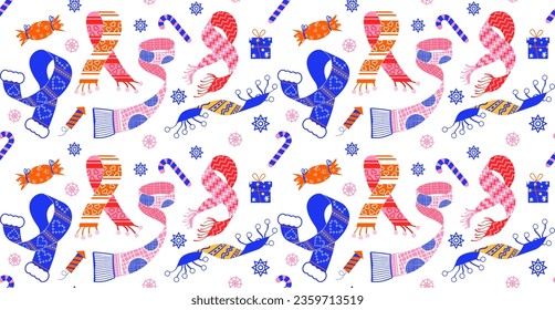 El fondo es impecable, con temores de invierno. Ilustración vectorial de los accesorios de Año Nuevo en estilo plano. Adecuado para el embalaje de papel, impresión en tela.
