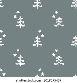 Seamless background winter tree gender neutral pattern. Whimsical minimal earthy 2 tone color. kids nursery wallpaper or boho cartoon fashion all over print.