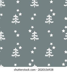 Seamless background winter tree gender neutral pattern. Whimsical minimal earthy 2 tone color. kids nursery wallpaper or boho cartoon fashion all over print.