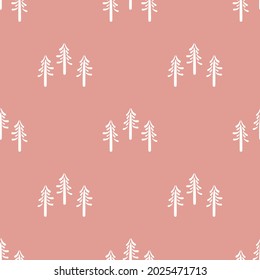 Seamless background winter tree gender neutral pattern. Whimsical minimal earthy 2 tone color. kids nursery wallpaper or boho cartoon fashion all over print.