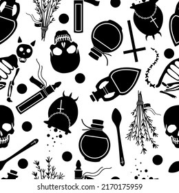 Seamless background of witchcraft and magic. Black silhouettes of potions, herbs, a cauldron, a skeleton of a cat, a cross. Vector illustration isolated on a white background for design and web.