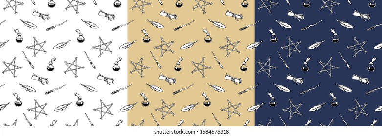 Seamless background. Witchcraft. Wicca and pagan tradition. Magical items. Hand drawn elements: magic wand, scroll, elixirs, pentagram. Occult Symbols.