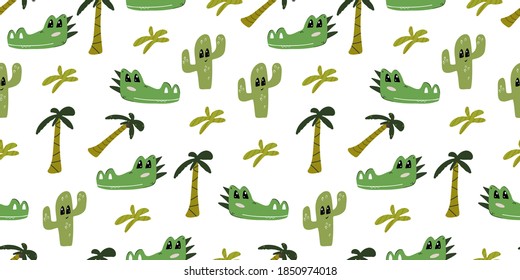 Seamless background withcrocodile head among cacti and palms. Decorative cute wallpaper for the nursery in the Scandinavian style. Suitable for children's clothing, interior design, packaging