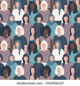 Seamless background with women. There are silhouettes of women of different races. Pattern with people icons. Crowd. Vector illustration
