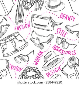 seamless background with women's clothing and accessories. hand-drawn illustration