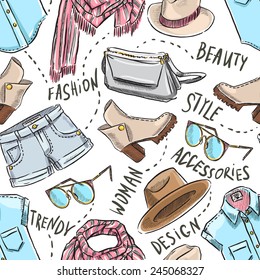 seamless background with women's clothing and accessories. hand-drawn illustration