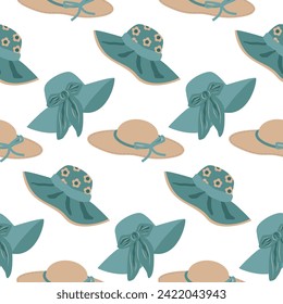 Seamless background with womens hats. Pattern of summer hats. Panama, cap wrapping paper