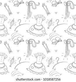 Seamless background. Women's theme. Women's wardrobe. Dress and shoes. Contour drawing. Vector graphics.