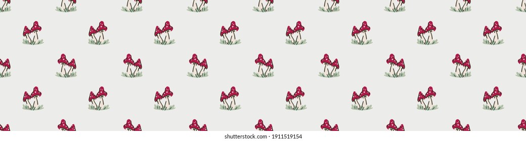 Seamless background woodland mushroom gender neutral baby border. Simple scandi toadstool earthy 2 tone banner. Kids nursery fly agaric forest edging fashion trim. 