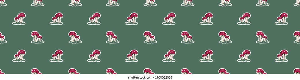 Seamless background woodland mushroom with kawaii face gender neutral baby border. Simple scandi toadstool earthy 2 tone banner. Kids nursery fly agaric forest edging fashion trim. 