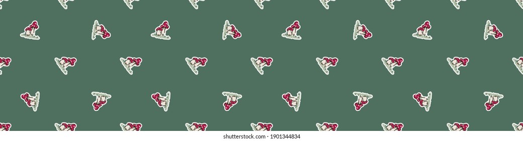 Seamless background woodland mushroom with kawaii face gender neutral baby border. Simple scandi toadstool earthy 2 tone banner. Kids nursery fly agaric forest edging fashion trim. 