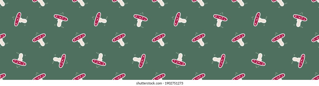 Seamless background woodland mushroom with kawaii face gender neutral baby border. Simple scandi toadstool earthy 2 tone banner. Kids nursery fly agaric forest edging fashion trim. 
