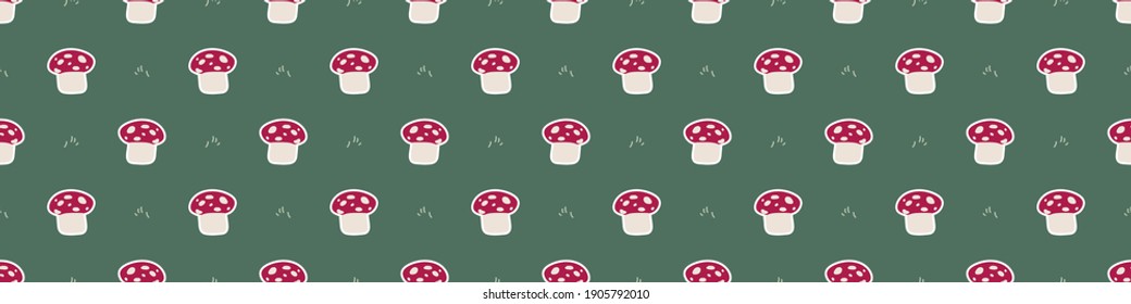 Seamless background woodland mushroom with kawaii face gender neutral baby border. Simple scandi toadstool earthy 2 tone banner. Kids nursery fly agaric forest edging fashion trim. 