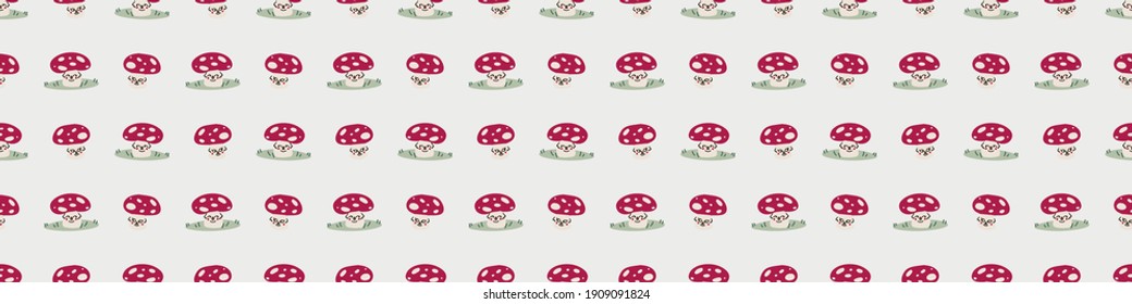 Seamless background woodland mushroom with kawaii face gender neutral baby border. Simple scandi toadstool earthy 2 tone banner. Kids nursery fly agaric forest edging fashion trim. 