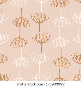 Seamless background woodland tree gender neutral baby pattern. Simple whimsical minimal earthy 2 tone color. Kids nursery wallpaper or boho woodland nature fashion all over print.