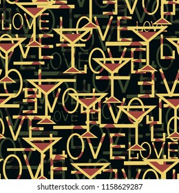 Seamless background with words of love and a glass of wine.