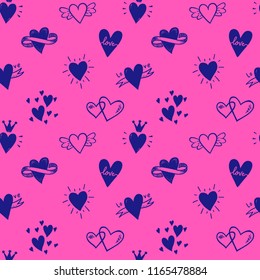 Seamless background, wrapping paper, fabric and surface pattern design with  with hand drawn doodle hearts.