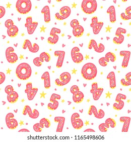 Seamless background, wrapping paper, fabric and surface pattern design with sweet donuts numbers
