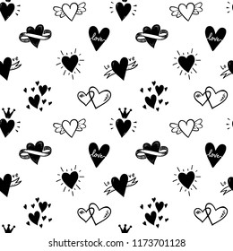Seamless background, wrapping paper, fabric and surface pattern design with  with hand drawn doodle hearts.