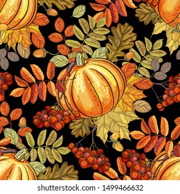 Seamless background, wreath, bouquets of autumn leaves, maple, oak, Rowan berries, pumpkins.  Suitable for greeting decorative cards, harvest holiday, thanksgiving, birthday, wedding, sale, discount