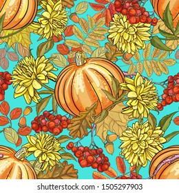 Seamless background, wreath, bouquets of autumn leaves, maple, oak, Rowan berries, pumpkins and chrysanthemums.  Suitable for greeting cards, harvest festival, thanksgiving, birthday, wedding, sale