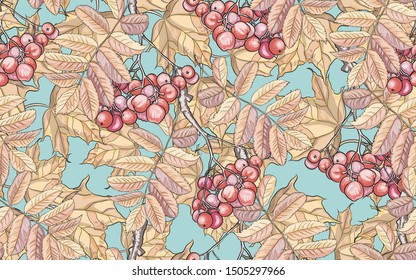 Seamless background, wreath, bouquets of autumn leaves, maple, Rowan berries.  Suitable for greeting cards, harvest festival, thanksgiving, birthday, wedding, sale, discount, product labels, fabrics