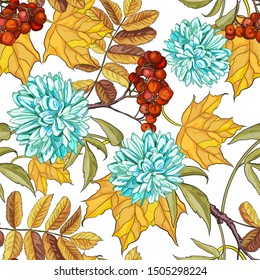 Seamless background, wreath, bouquets of autumn leaves, maple, Rowan berries, chrysanthemums.  Suitable for greeting cards, harvest festival, thanksgiving, birthday, wedding, sale, discount