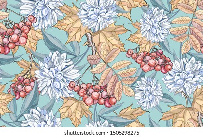 Seamless background, wreath, bouquets of autumn leaves, maple, Rowan berries, chrysanthemums.  Suitable for greeting cards, harvest festival, thanksgiving, birthday, wedding, sale, discount