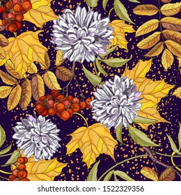 Seamless background, wreath, bouquets of autumn maple leaves, Rowan berries, chrysanthemums. Suitable for greeting cards, harvest festival, thanksgiving, birthday, wedding, sale, discount