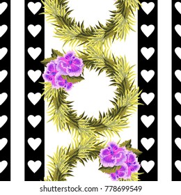 Seamless background with  wreath of palm leaves and hibiscuses. Design for cloth, wallpaper, gift wrapping. Print for silk, calico, home textiles.Vintage natural pattern. Vertical border.