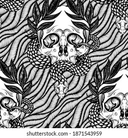 Seamless background. Wreaths, snakes and skulls. Design for fabrics, textiles, paper, wallpaper, web. Vintage style.   Black and white.