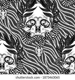 Seamless background. Wreaths, snakes and skulls. Design for fabrics, textiles, paper, wallpaper, web. Vintage style.   Black and white.